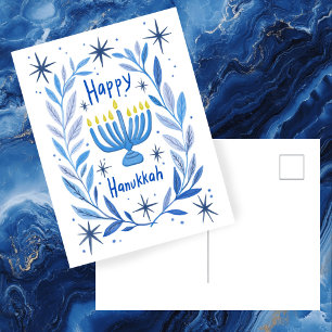 Cartão Postal De Festividades Feliz Hanukkah Botânica Menorah Watercolor