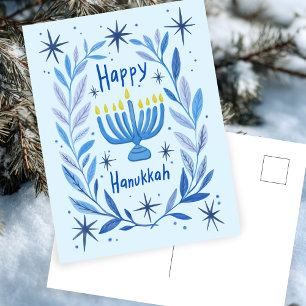 Cartão Postal De Festividades Feliz Hanukkah Botânica Menorah Watercolor