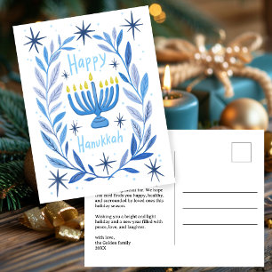 Cartão Postal De Festividades Feliz Hanukkah Botânica Menorah Watercolor CUSTOM