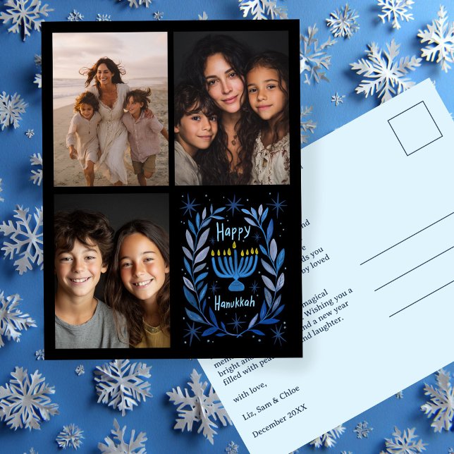 Cartão Postal De Festividades FELIZ HANUKKAH - Carta de FOTO PERSONALIZADA 3 des (HAPPY HANUKKAH Hand-Drawn CUSTOM 3 PHOTO Collage Holiday Postcard
)