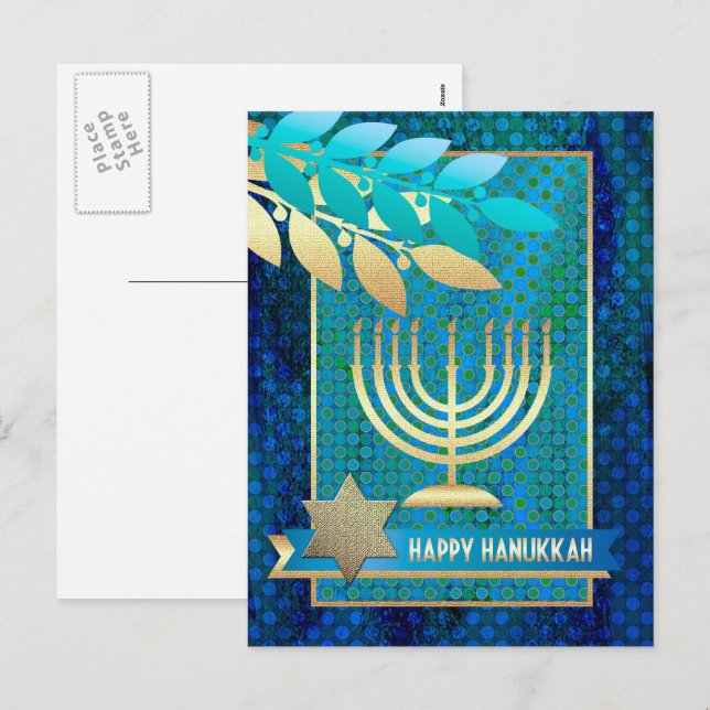 Cartão Postal De Festividades Feliz Hanukkah. Dourada Menorah e estrela de David (Frente/Verso)