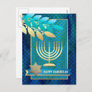 Cartão Postal De Festividades Feliz Hanukkah. Dourada Menorah e estrela de David