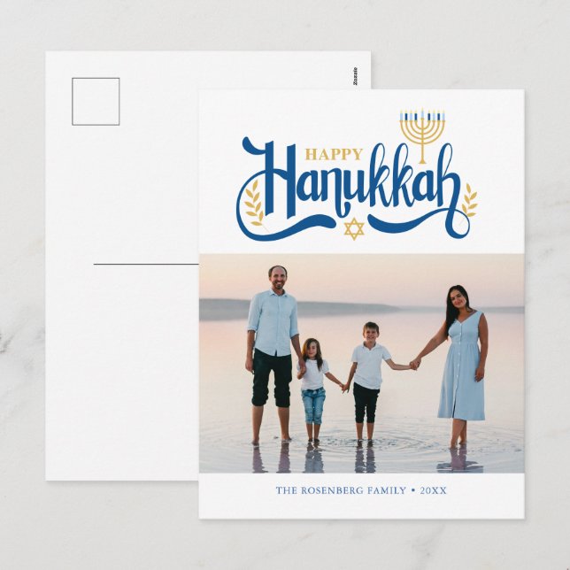 Cartão Postal De Festividades "Feliz Hanukkah" Dourado Menorah (Frente/Verso)