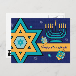Cartão Postal De Festividades Feliz Hanukkah. Estrela de David, Menorah, Dreidel