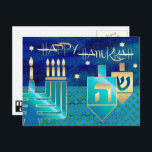 Cartão Postal De Festividades Feliz Hanukkah. Menorah & Dreidels<br><div class="desc">Feliz Hanukkah. Elegante Estrela Festiva de David,  Menorah e Dreidels Design com cartões postais de papel laminado de folha de ouro. Cartões e presentes disponíveis na Categoria Feriados Judeus / Hanukkah da nossa loja.</div>