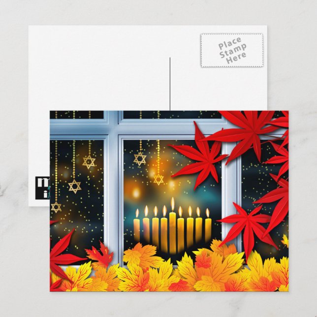 Cartão Postal De Festividades Feliz Hanukkah! Tema do outono (Frente/Verso)