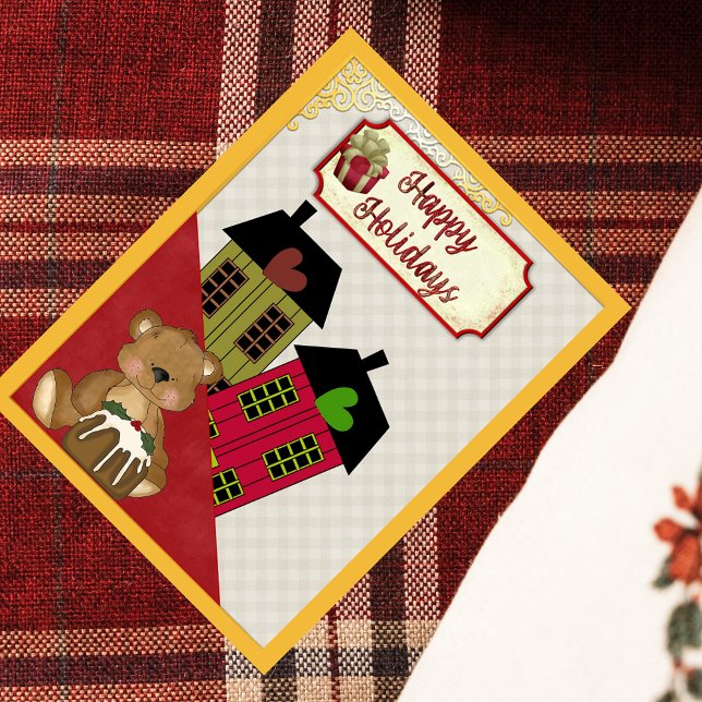 Cartão Postal De Festividades Feliz Holidays Teddy Bear Heart Homes Retro (Criador carregado)