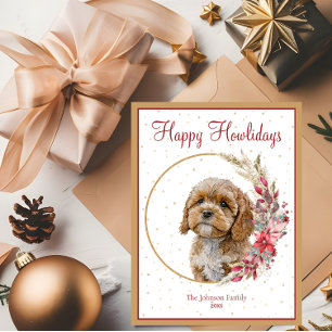 Cartão Postal De Festividades Feliz Howlidays Cachorro Cavapoo Fofo