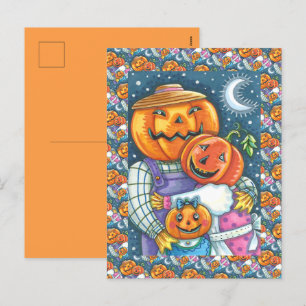 CARTÃO POSTAL DE FESTIVIDADES FELIZ JACK O LANTERN FAMÍLIA, COLORIDA E CORTA