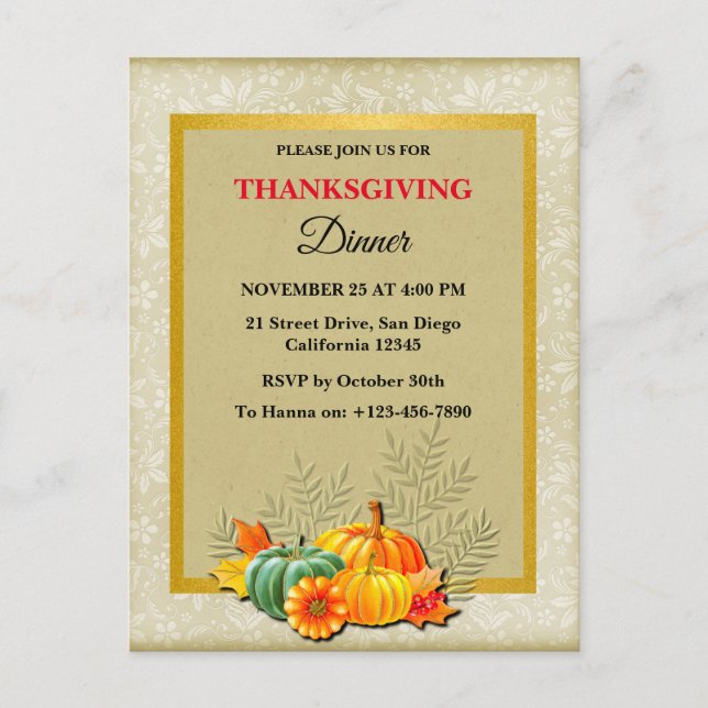Cartão Postal De Festividades Feliz Janto de Ação de Graças Pumpkin e Folhas (Frente)
