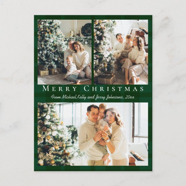 Cartão Postal De Festividades feliz natal 3 fotos xadrez verde de búfalo (Frente)