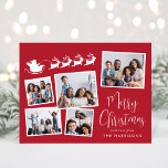 Cartão Postal De Festividades Feliz Natal 5 Papais noeis de Colagem Fotográfica<br><div class="desc">Cartão vermelho festivo, com 5 fotos de colagem de fotos espalhadas em quadros brancos, uma silhueta branca de renas voando com o trenó de Papai noel, "Feliz Natal" em um roteiro branco-na moda e seu nome em uma simples tipografia branca moderna. No verso, personalize sua mensagem ou deixe o vazio...</div>