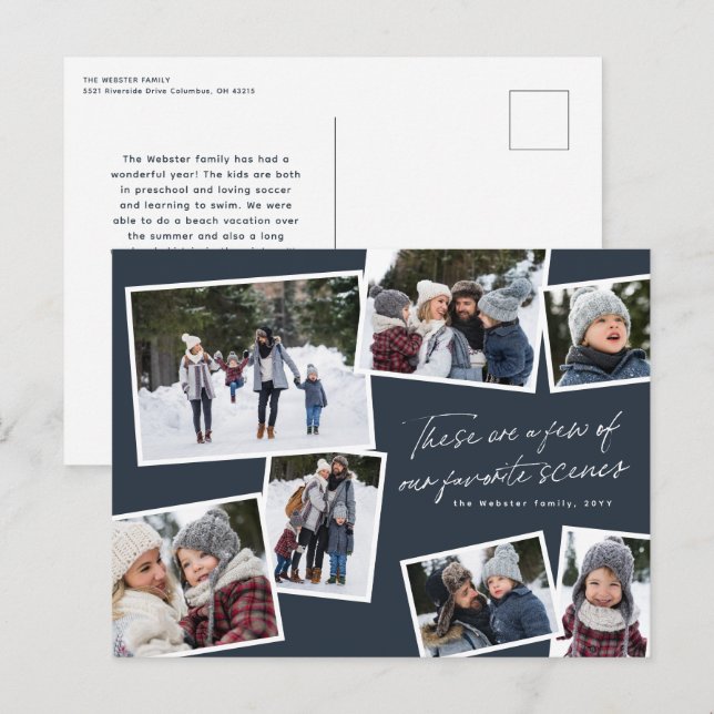 Cartão Postal De Festividades Feliz Natal 7 foto colagem elegante vermelho (Frente/Verso)