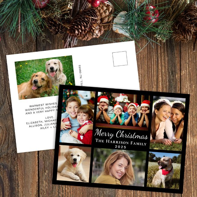 Cartão Postal De Festividades Feliz Natal 7 Foto Collage Black (Share the love and warmth of the season with your personalized photo Christmas postcard)