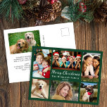Cartão Postal De Festividades Feliz Natal 7 Foto Collage Green<br><div class="desc">Cartaz verde de colagem de fotos moderna com "Feliz Natal" em uma elegante escrita branca,  6 fotos de suas pessoas e momentos favoritos do ano passado e seu nome de família e o ano em simples letras. Adicione uma foto de 7 e sua mensagem personalizada no verso.</div>