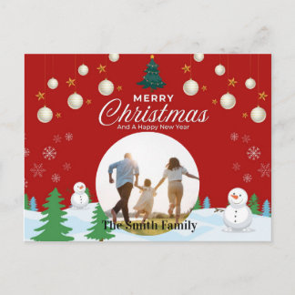 Cartão Postal De Festividades Feliz Natal & Ano Novo Boneco de Neve Vermelho