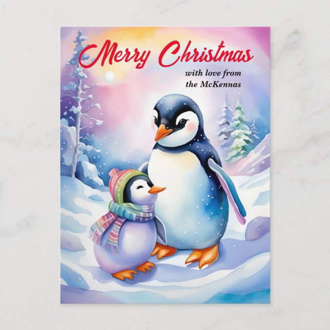 Cartão Postal De Festividades Feliz Natal Ano Novo Pinguins de Aquarela (Frente)