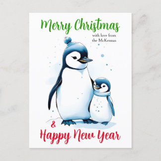 Cartão Postal De Festividades Feliz Natal Ano Novo Pinguins de Aquarela