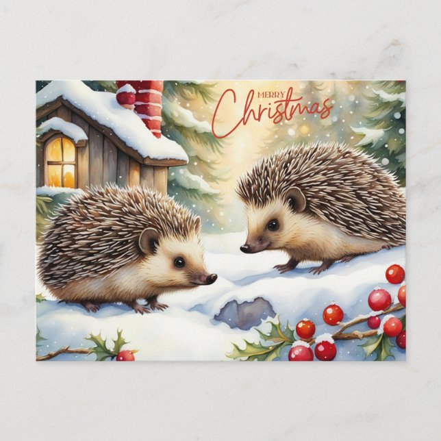 Cartão Postal De Festividades Feliz Natal Aquarelas Hedgehogs na Floresta (Frente)