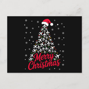 Cartão Postal De Festividades Feliz Natal Avião Árvore Chapéu do Papai Noel Floc