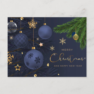 Cartão Postal De Festividades Feliz Natal Azul, Enfeites Dourados