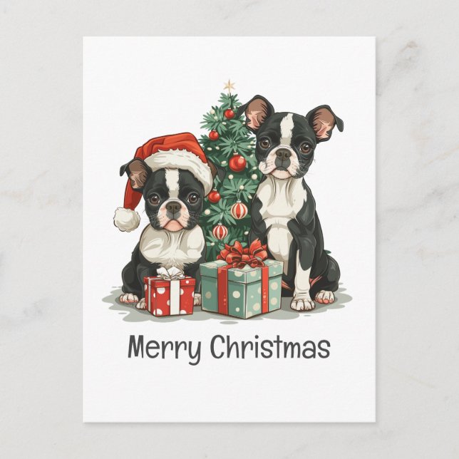 Cartão Postal De Festividades Feliz Natal - Boston Terrier Dogs (Frente)