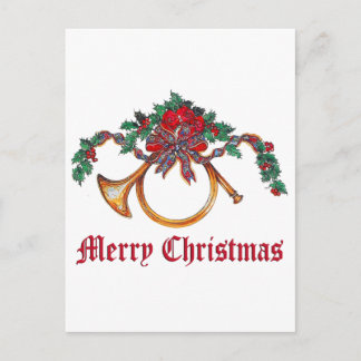 Cartão Postal De Festividades Feliz Natal - Brass Horn e Holly e Ribbon