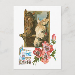 Cartão Postal De Festividades Feliz Natal Brilhante - Cavalos Vintage