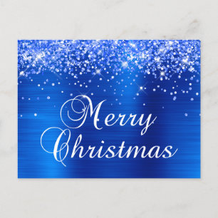 Cartão Postal De Festividades Feliz Natal Brilho Azul Real Folheado