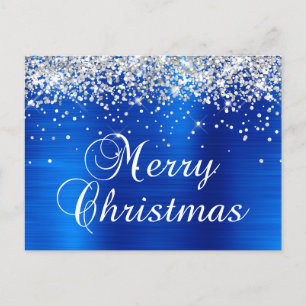 Cartão Postal De Festividades Feliz Natal Brilho Prata Azul Real Folheado