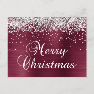 Cartão Postal De Festividades Feliz Natal Brilho Prata Vermelho Burgundy Foil
