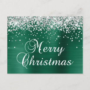 Cartão Postal De Festividades Feliz Natal Brilho Prateado Verde Escuro Foil