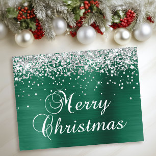 Cartão Postal De Festividades Feliz Natal Brilho Prateado Verde Escuro Foil