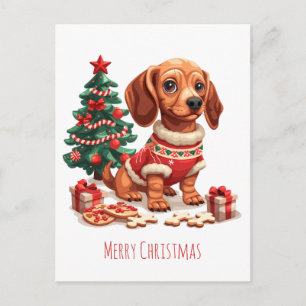 Cartão Postal De Festividades Feliz Natal Cachorro Dachshund Biscoitos de Férias