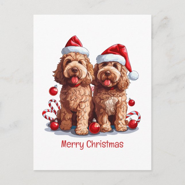 Cartão Postal De Festividades Feliz Natal Cachorros de Goldendoodle (Frente)