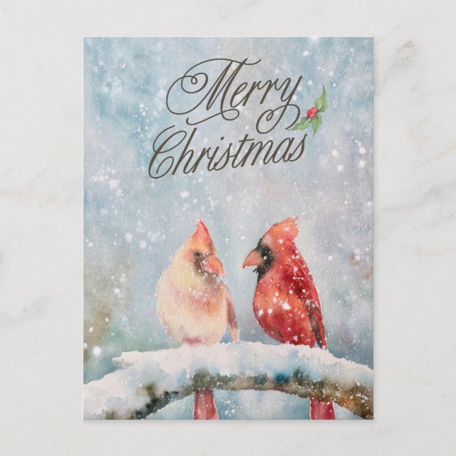 Cartão Postal De Festividades Feliz Natal - Cardeais Vermelhos na Neve (Frente)