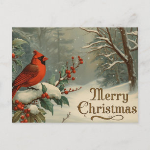 Cartão Postal De Festividades Feliz Natal Cardeal Vermelho e Frutas de Inverno