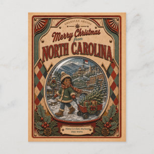Cartão Postal De Festividades Feliz Natal Carolina do Norte Globo de Neve Vintag