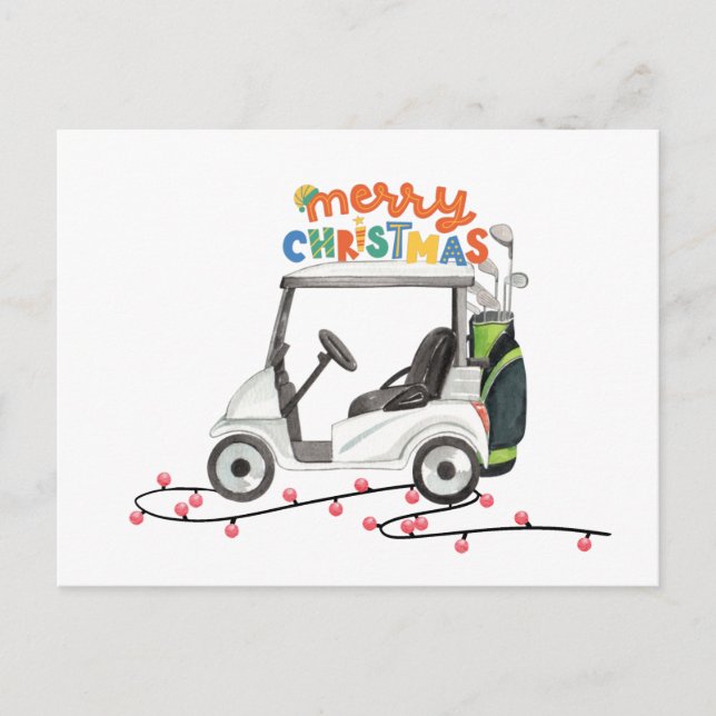 Cartão Postal De Festividades Feliz Natal com carrinho de saco de golfe para gol (Frente)