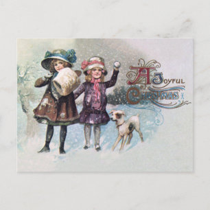 Cartão Postal De Festividades Feliz Natal com garotas com Jack Russell