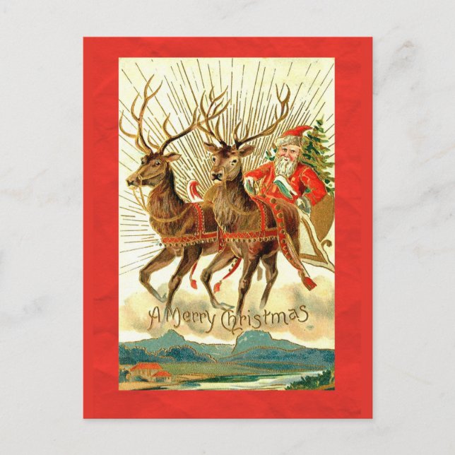 Cartão Postal De Festividades Feliz Natal com Papais noeis e Reindeer (Frente)