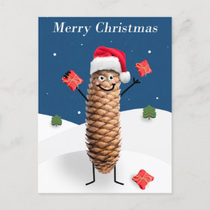 Cartão Postal De Festividades Feliz Natal Cone de Pinho em Santa Hat 
