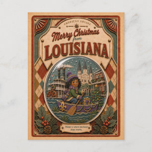 Cartão Postal De Festividades Feliz Natal da Louisiana Globo de Neve Antigo