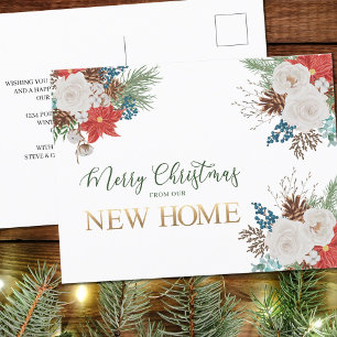 Cartão Postal De Festividades Feliz Natal da Poinsettia e Pinheiro da Nova Casa