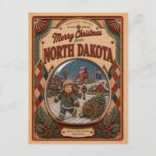 Cartão Postal De Festividades Feliz Natal Dakota do Norte Globo de Neve Vintage