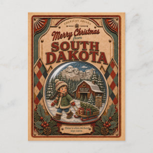 Cartão Postal De Festividades Feliz Natal Dakota do Sul Globo de Neve Vintage