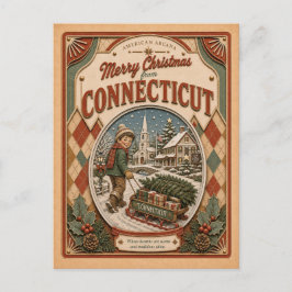 Cartão Postal De Festividades Feliz Natal de Connecticut Globo de Neve Vintage
