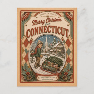 Cartão Postal De Festividades Feliz Natal de Connecticut Globo de Neve Vintage