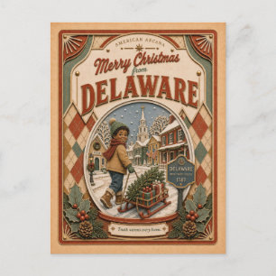 Cartão Postal De Festividades Feliz Natal de Delaware Globo de Neve Antigo
