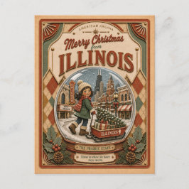 Cartão Postal De Festividades Feliz Natal de Illinois Globo de Neve Vintage